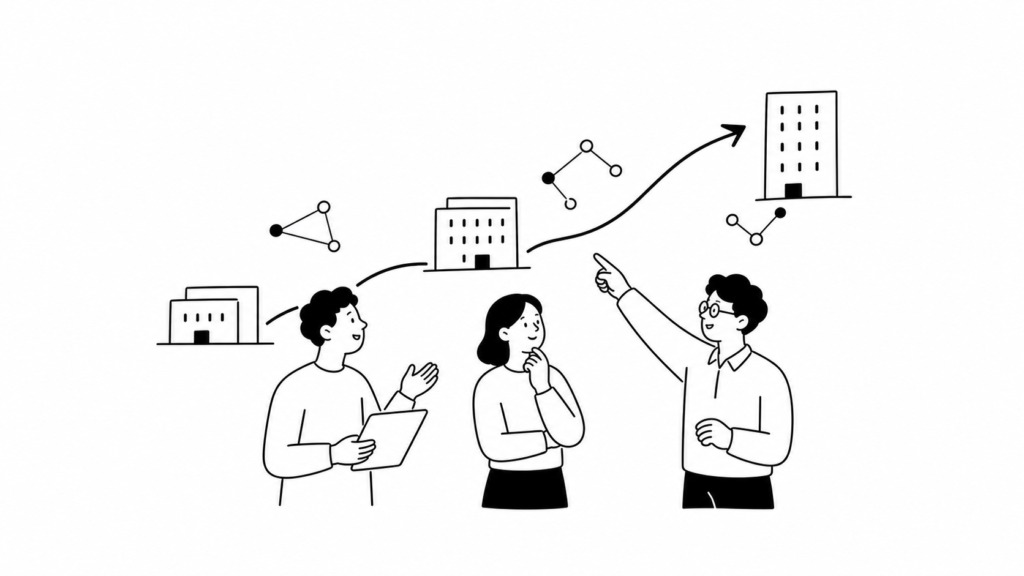 中堅企業がAI活用を段階的に進める背景を示す白黒線画イラスト