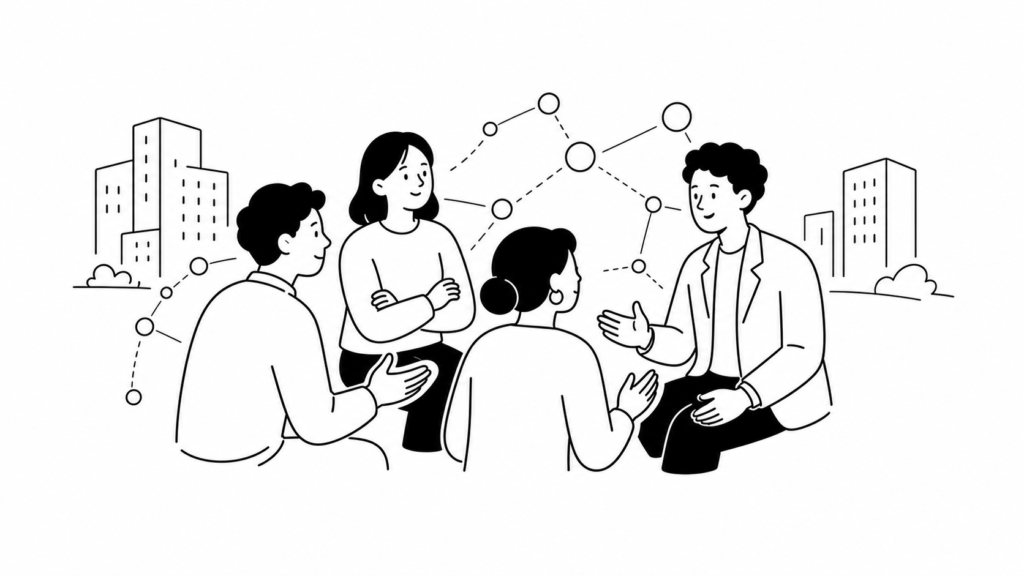 AI活用を推進する社内体制と外部人材連携を示す白黒線画イラスト