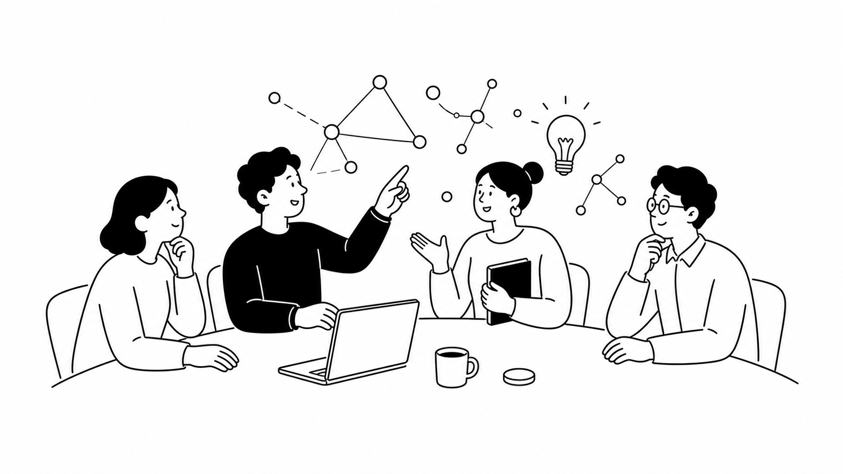 中堅企業の担当者がAI活用について話し合う白黒線画イラスト