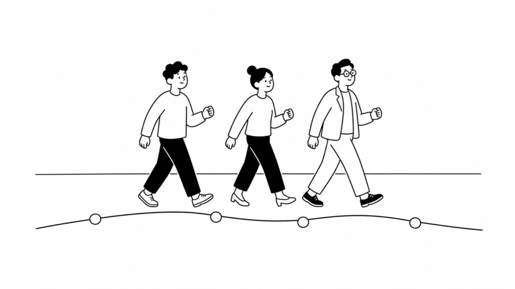 AI業務効率化の導入ステップを一歩ずつ進める担当者の白黒線画イラスト