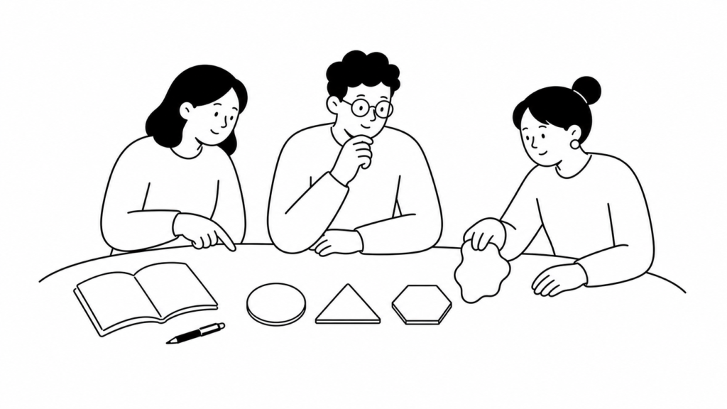 AI業務効率化を始める前のチェック項目を確認し合う白黒線画イラスト