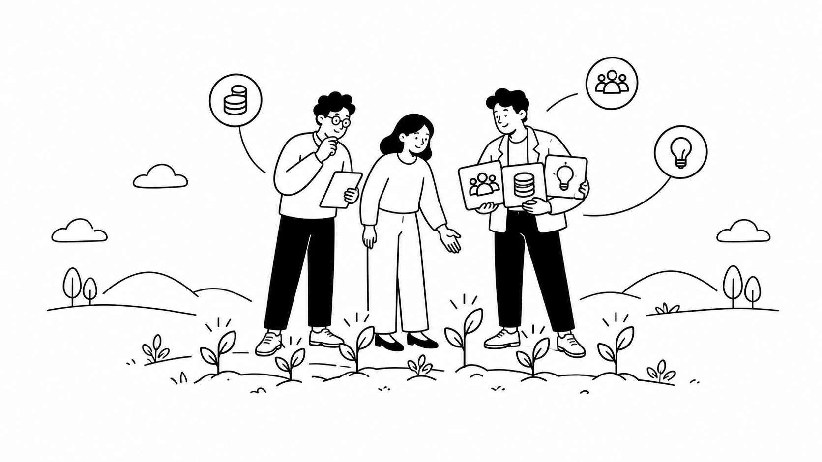 スタートアップスタジオの仕組みを表す線画イラスト（資金・人材・ノウハウを一括提供し複数事業を同時に育てる伴走支援）
