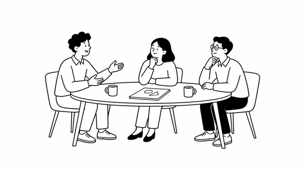 新規事業と既存事業の違いを話し合う担当者たちの線画イラスト