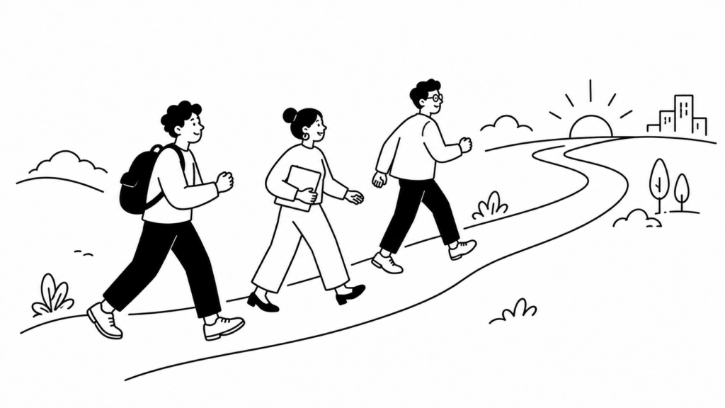 新規事業立ち上げの7つのステップを一歩ずつ進む担当者の線画イラスト