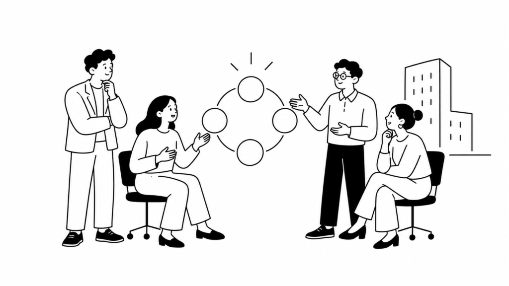 経営層と担当者が新規事業の体制を築く様子を描いた線画イラスト