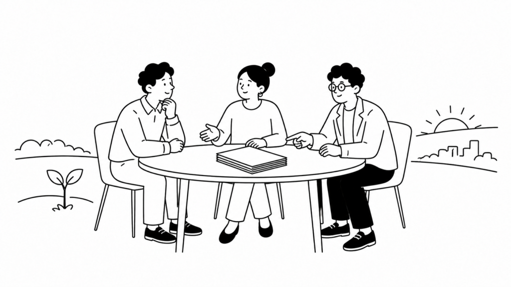 新規事業の資金支援制度を検討する担当者の線画イラスト