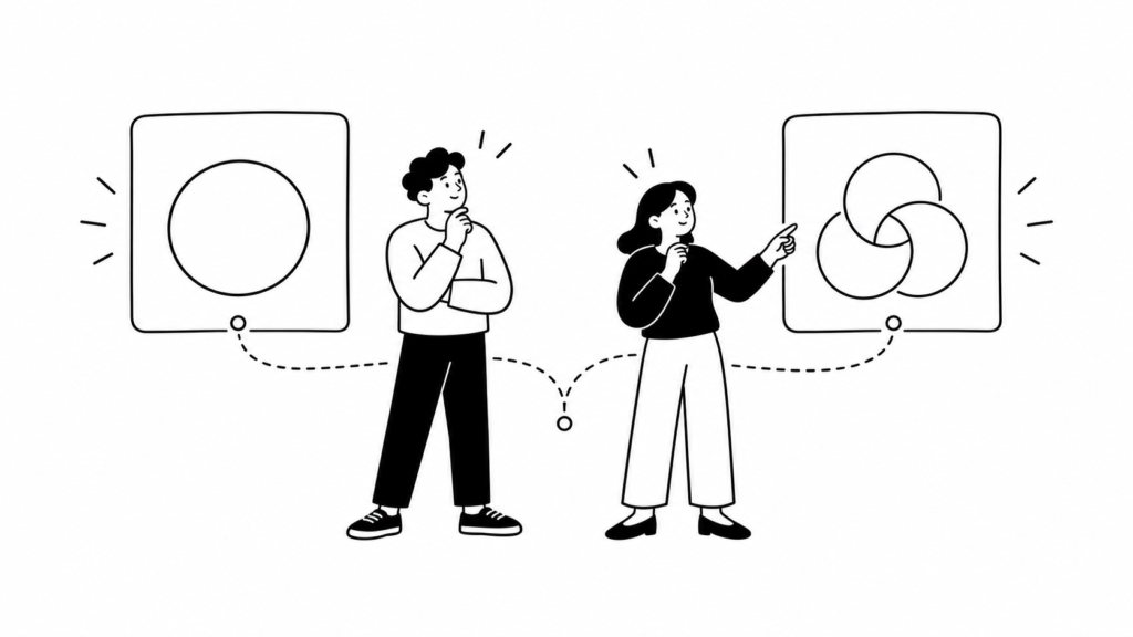 個人の起業と社内新規事業の違いを比較検討する担当者の線画イラスト