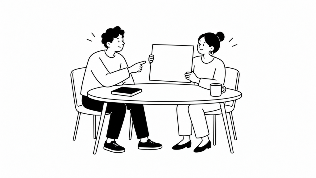 新規事業立ち上げチェックリストを確認する担当者の線画イラスト