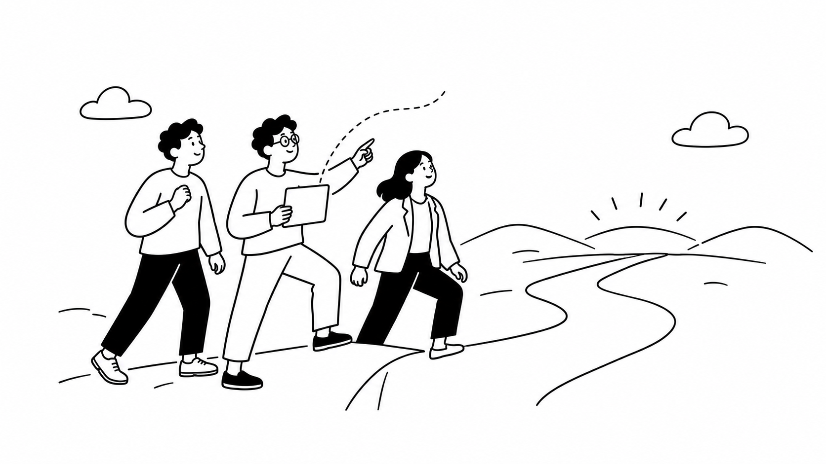 新規事業立ち上げの7つのステップとフレームワークを表す線画イラスト
