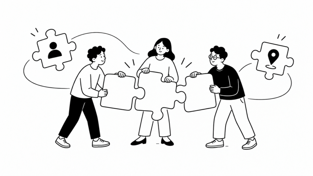 新規事業の顧客理解フレームワークでターゲットを絞り込む担当者の線画イラスト