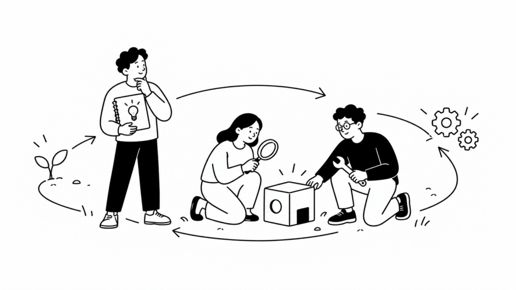 新規事業の評価・改善フレームワーク(PDCA・OODA)を回す担当者の線画イラスト