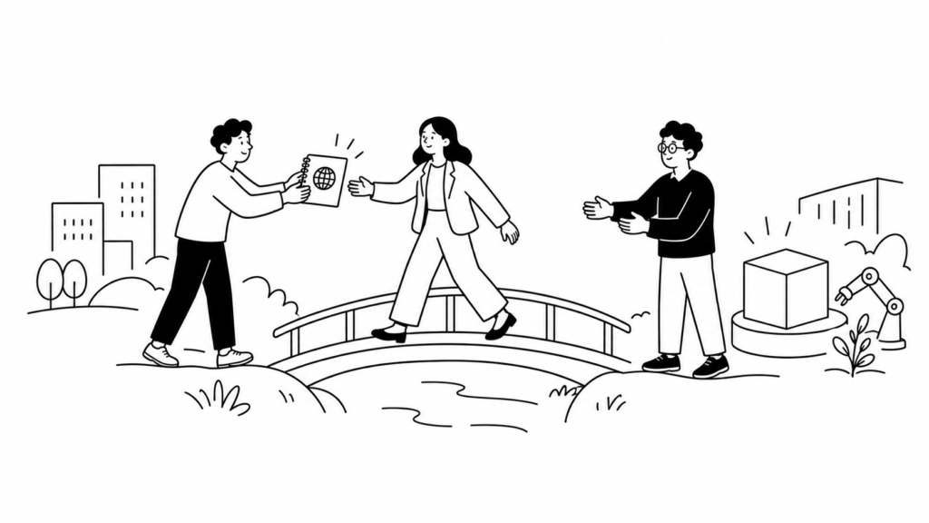 複数の新規事業フレームワークを組み合わせて検討する担当者の線画イラスト