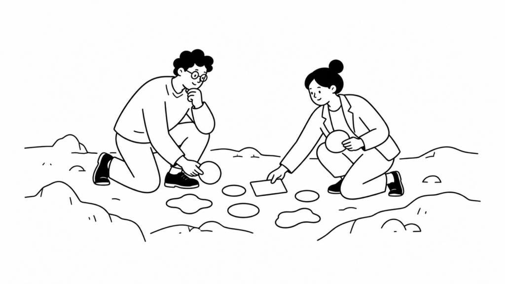 社内起業でよくある失敗パターンを慎重に見直す担当者の線画イラスト