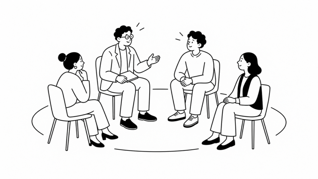 社内起業家(イントレプレナー)の育成をメンターが伴走支援する線画イラスト