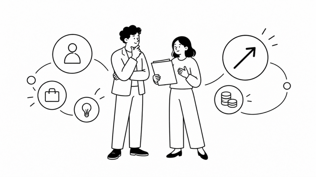 社内起業のキャリアと給料について落ち着いて検討する担当者の線画イラスト