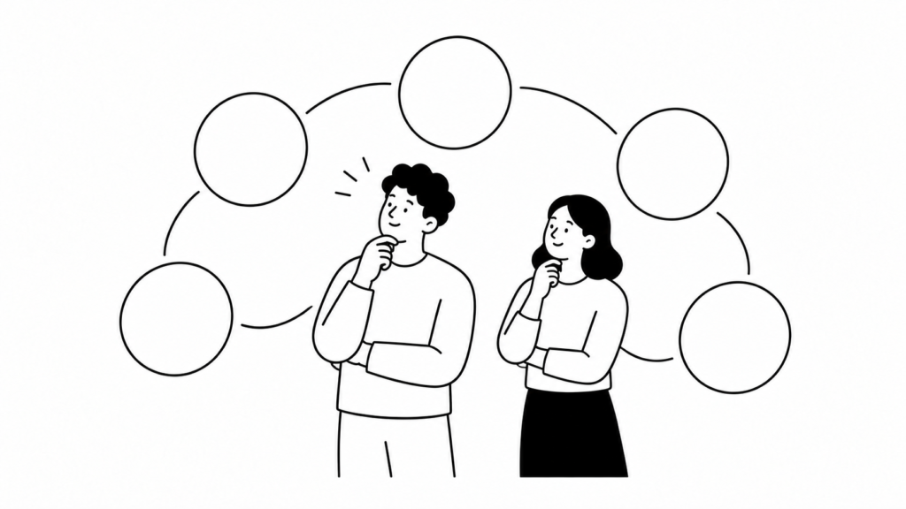社内起業家としての適性を静かに自己診断する担当者の線画イラスト