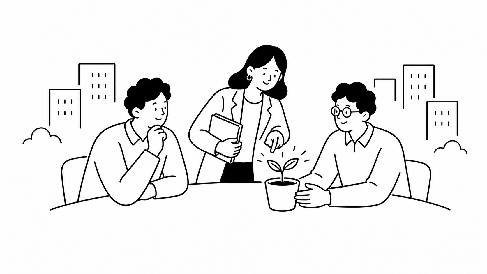 中堅企業の社員が既存事業の基盤の上で新しい事業の芽を育てる社内起業のイメージを描いた線画イラスト