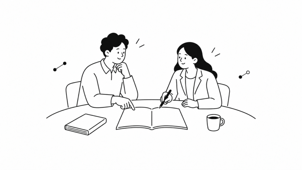 市場調査の定義とマーケティングリサーチとの違いを確認し合う担当者たちの線画イラスト