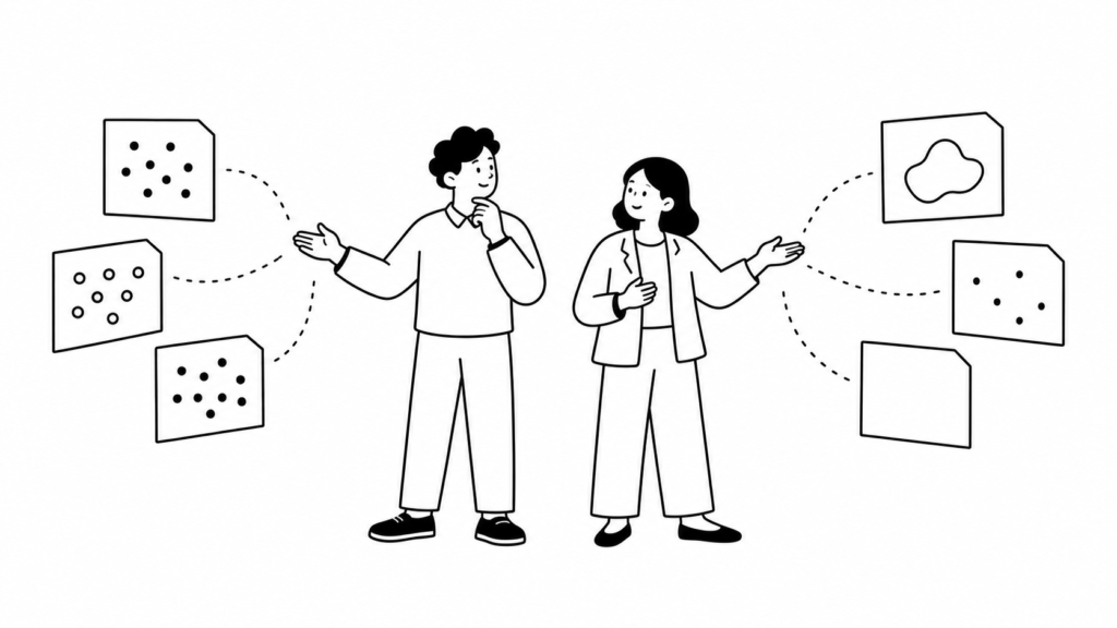 定量調査と定性調査という2つの手法を見比べて検討する担当者の線画イラスト