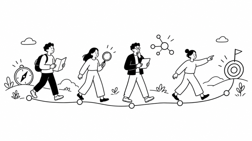 目的設定から活用までの5つのステップを順に進める担当者たちの線画イラスト