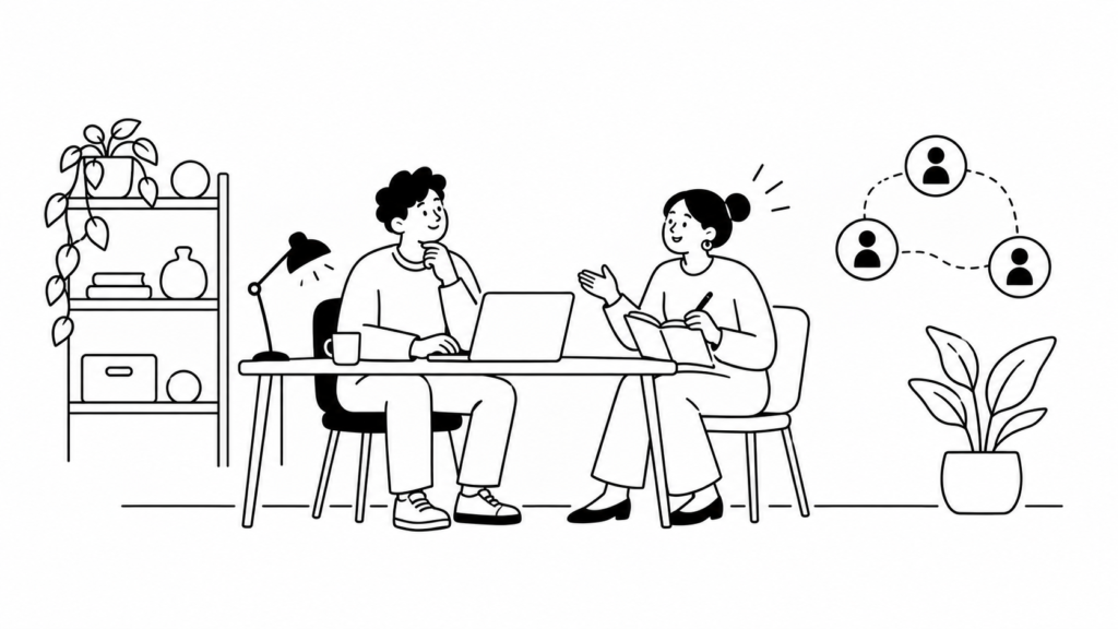 少人数のチームがノートPCを使って低コストで市場調査を進める線画イラスト