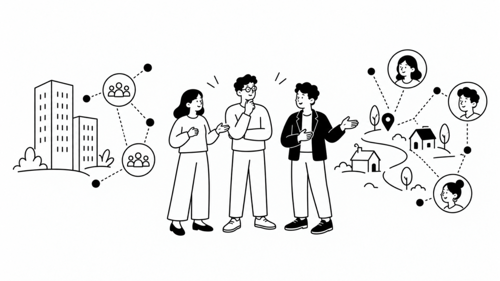 BtoBとBtoCで異なる市場調査のアプローチを見比べる担当者の線画イラスト