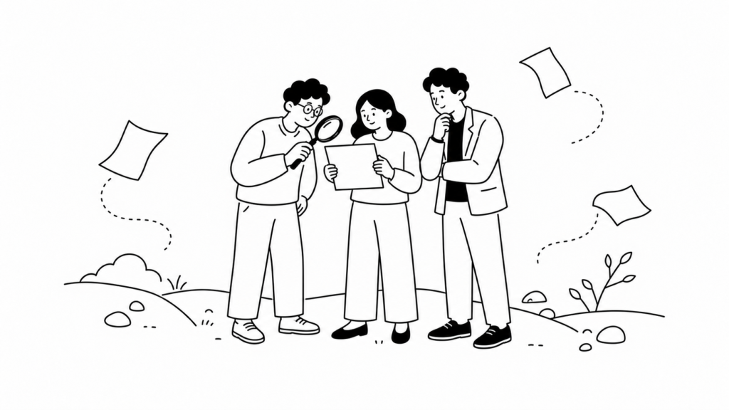 アンケート調査票を慎重に見直しチェックしている担当者の線画イラスト