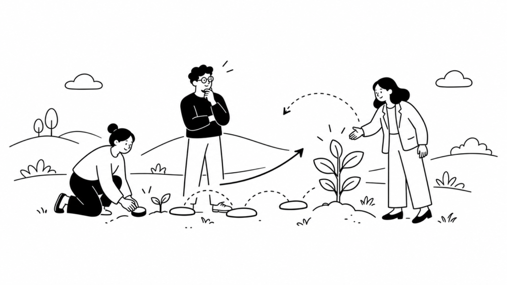 調査結果をもとに次の一手を検討し小さく試していく担当者の線画イラスト