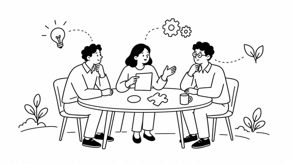 新規事業の良いアイデアの3条件を検討するビジネスパーソンのイラスト