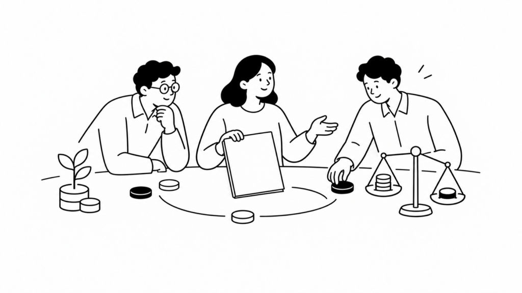 売上・数値計画と資金調達計画の立て方を表す線画イラスト