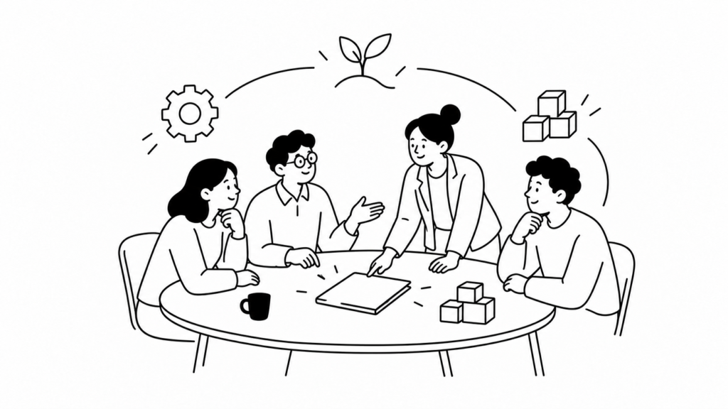 新規事業として事業計画書を作成する視点を表す線画イラスト