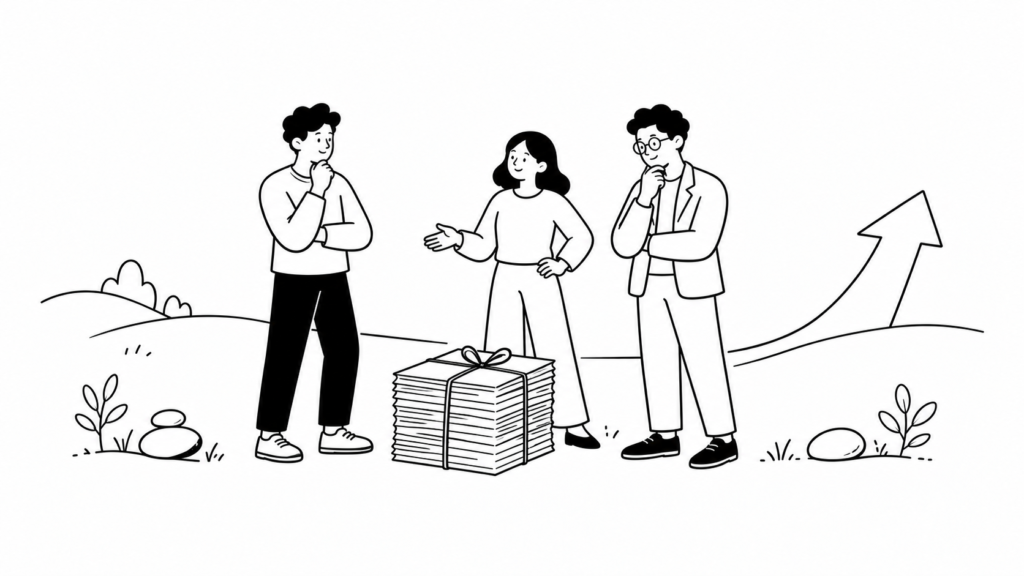 資金調達のタイミングと調達額を検討する担当者の線画イラスト