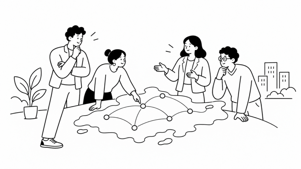 国内スタートアップの資金調達動向を俯瞰する線画イラスト