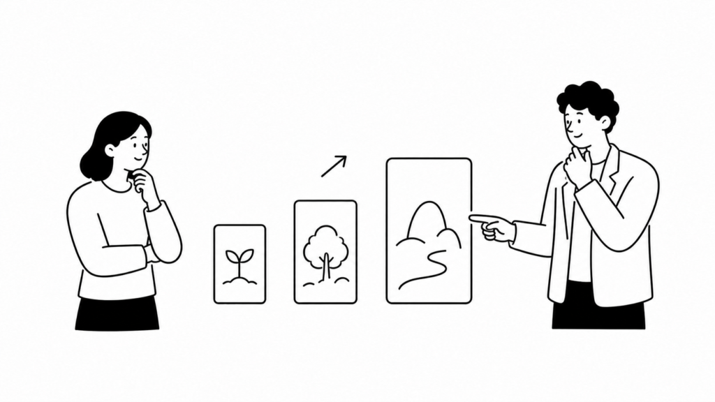 予算規模別にAI活用の始め方を検討する担当者の白黒線画イラスト