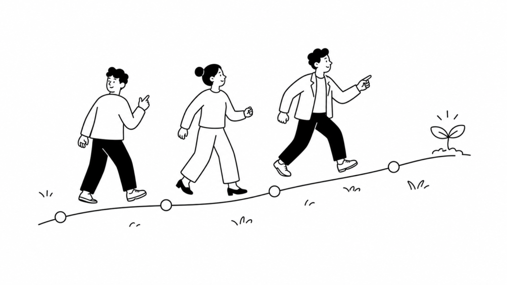 AI導入のステップとKPIを一歩ずつ進める担当者の白黒線画イラスト