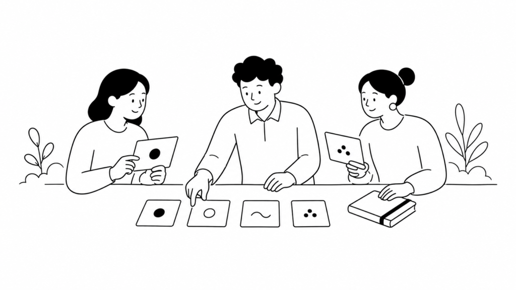 AI活用を始める前のチェックリストを確認し合う担当者の白黒線画イラスト