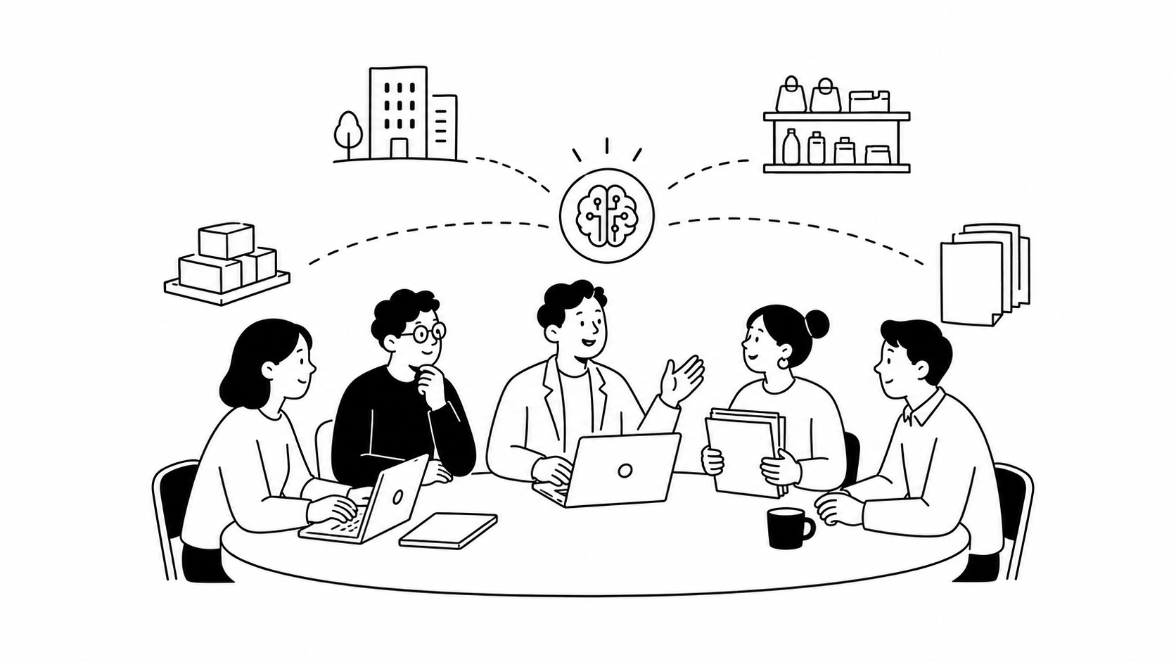 複数の業界へのAI活用事例の広がりを話し合う担当者たちの白黒線画イラスト