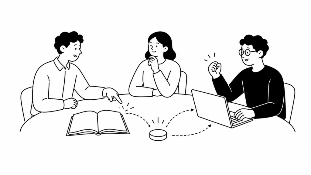 AIエージェントと生成AIの違いを整理して話し合う担当者の白黒線画イラスト