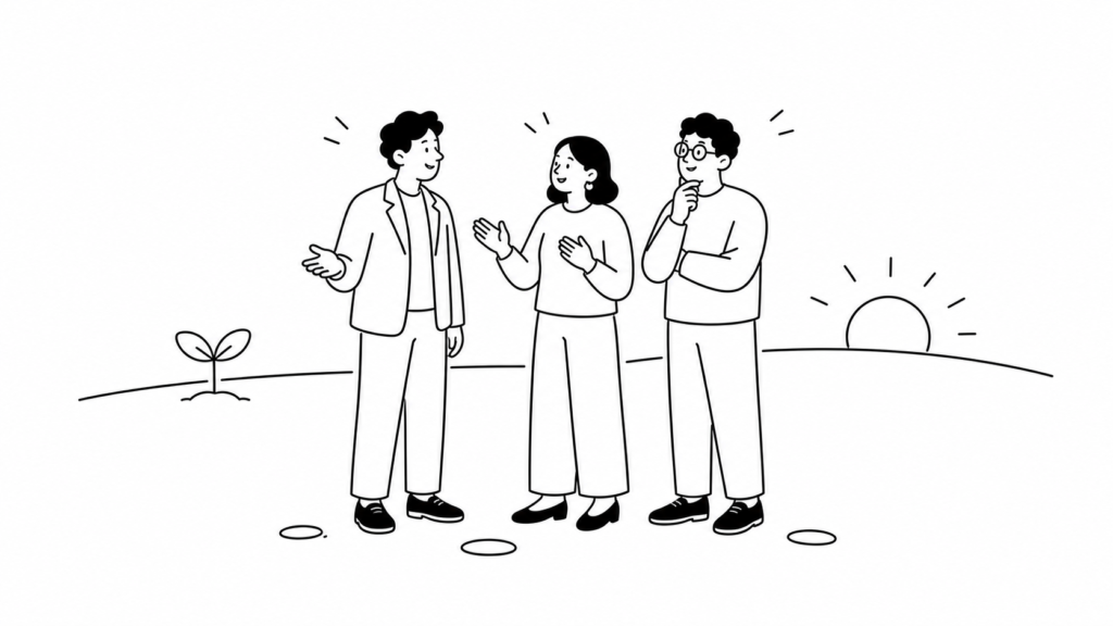 AIエージェント導入による前向きな成果を示す白黒線画イラスト