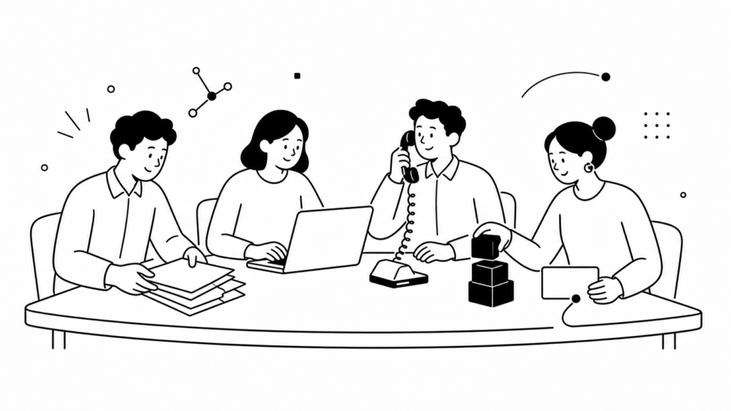 営業やバックオフィスなど業務別のAIエージェント活用例を示す白黒線画イラスト
