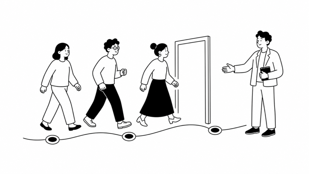 中堅企業がAIエージェントを段階的に導入する進め方を示す白黒線画イラスト