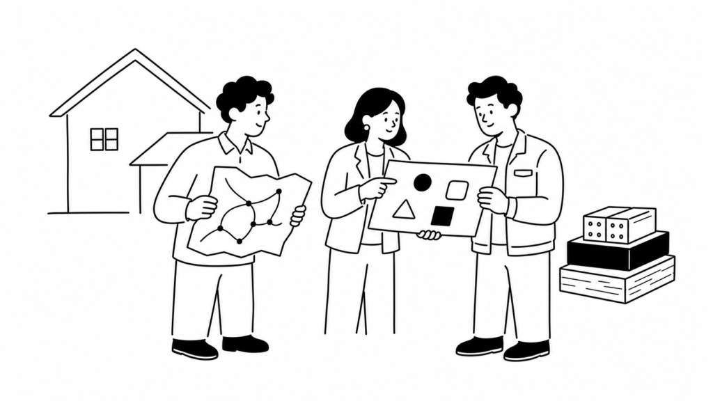ハウスメーカー・不動産業と建設業でのAIエージェント活用視点を示す白黒線画イラスト