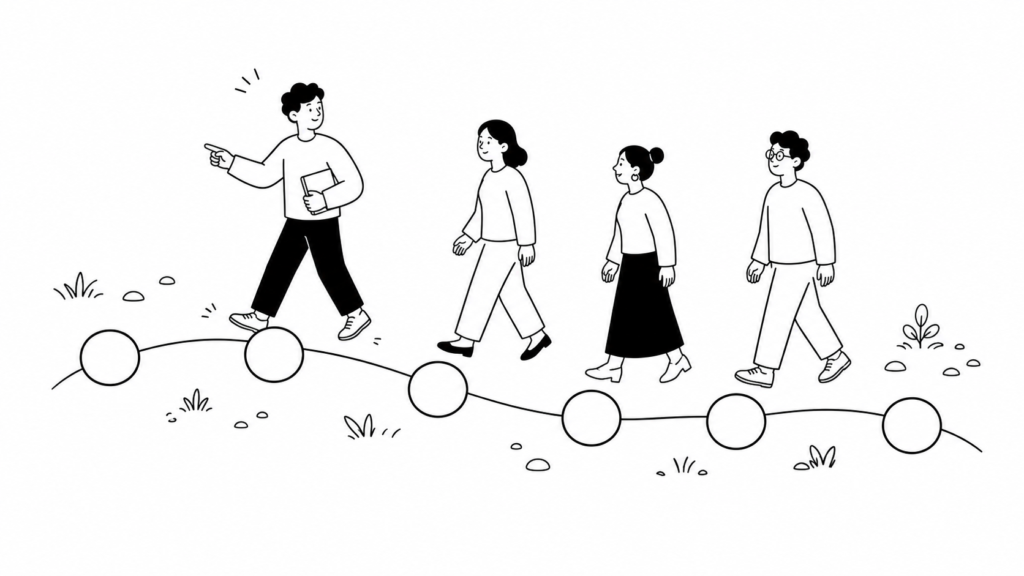 生成AI導入を6つのステップで段階的に進める様子を示す白黒線画イラスト