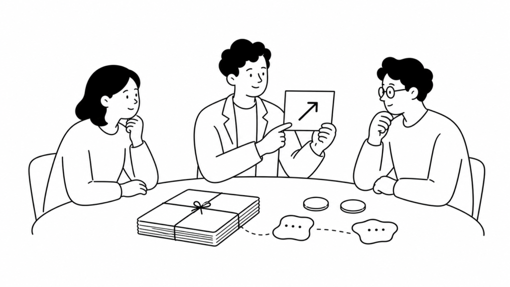 生成AI導入の費用と投資対効果を検討する担当者の白黒線画イラスト