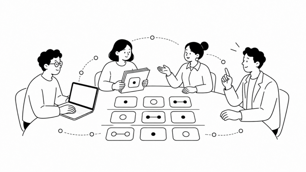 バックオフィス・マーケ営業・顧客接点など部門別の生成AI活用を示す白黒線画イラスト