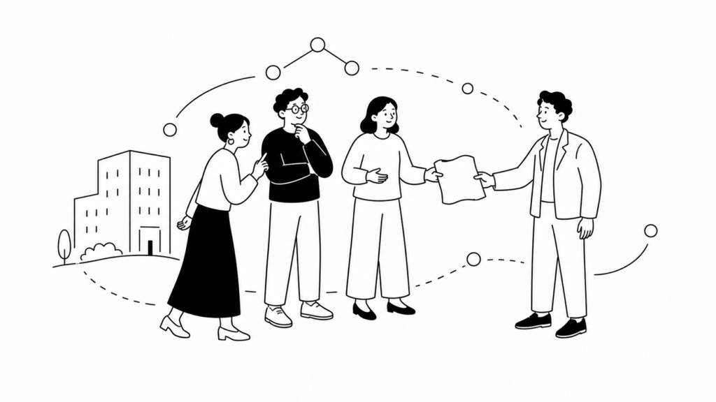 生成AI導入を推進する社内体制と外部専門家との連携を示す白黒線画イラスト