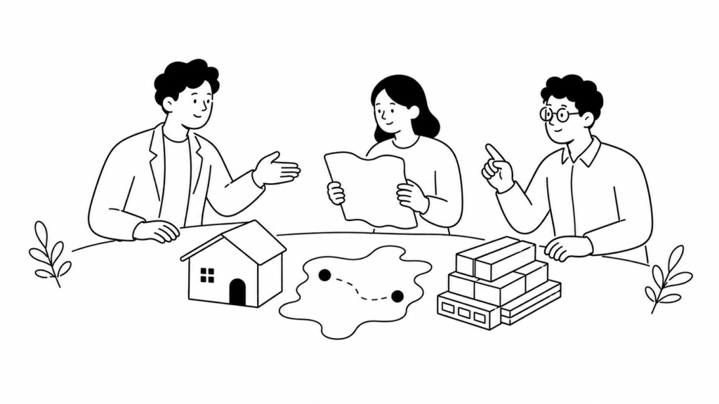 ハウスメーカー・不動産業と建設業における生成AI活用の視点を示す白黒線画イラスト