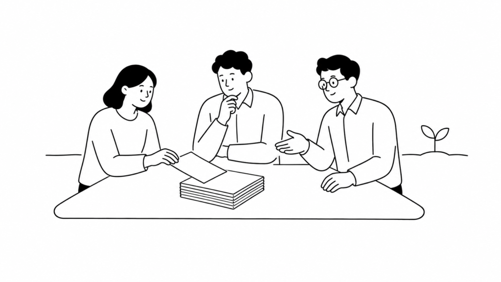生成AI活用のメリットと導入コストを検討する担当者たちの白黒線画イラスト