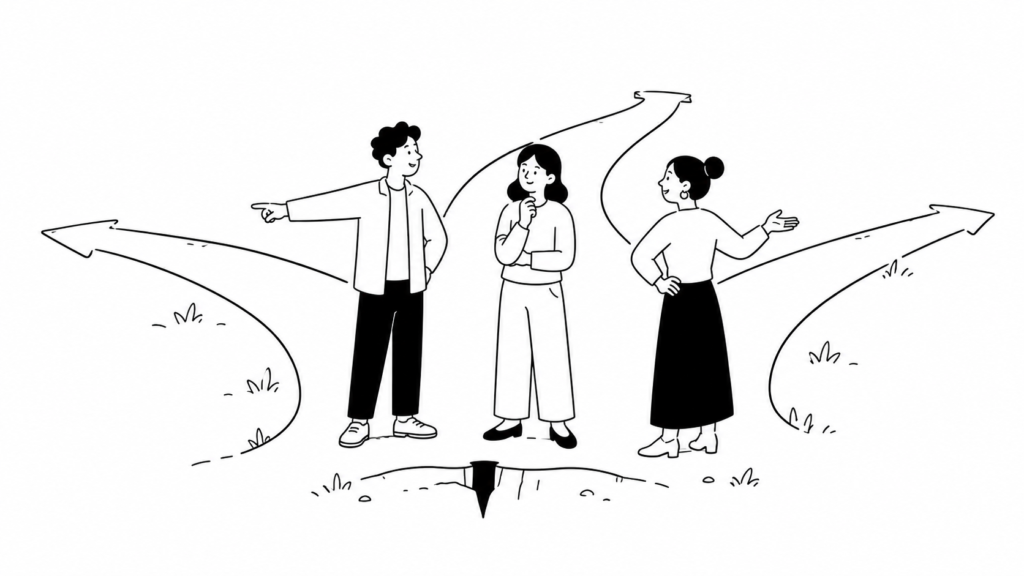 生成AI導入のリスクと対策を慎重に確認する担当者たちの白黒線画イラスト