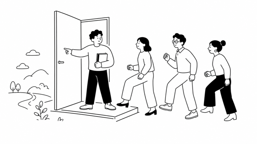 生成AIを自社で導入するステップを段階的に進める担当者たちの白黒線画イラスト